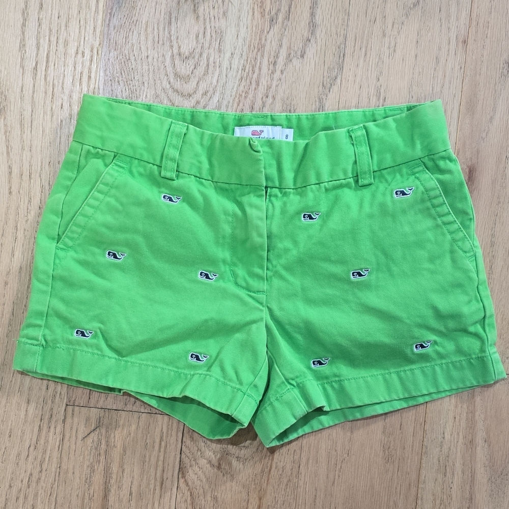 Vineyard Vines Girls Chino Shorts Green Whale Embroidered 100% Cotton Sz 8